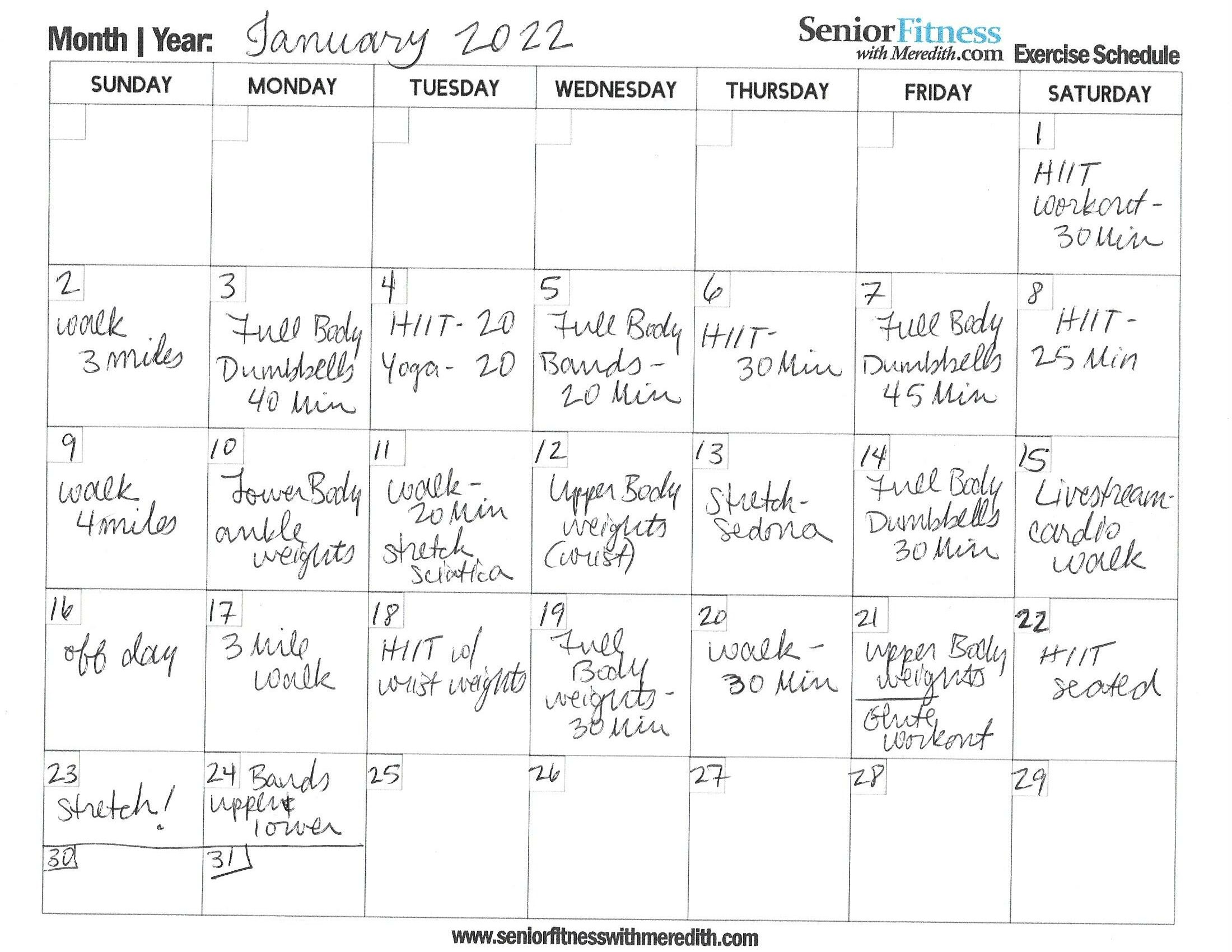 Monthly Exercise Calendar Senior Fitness With Meredith